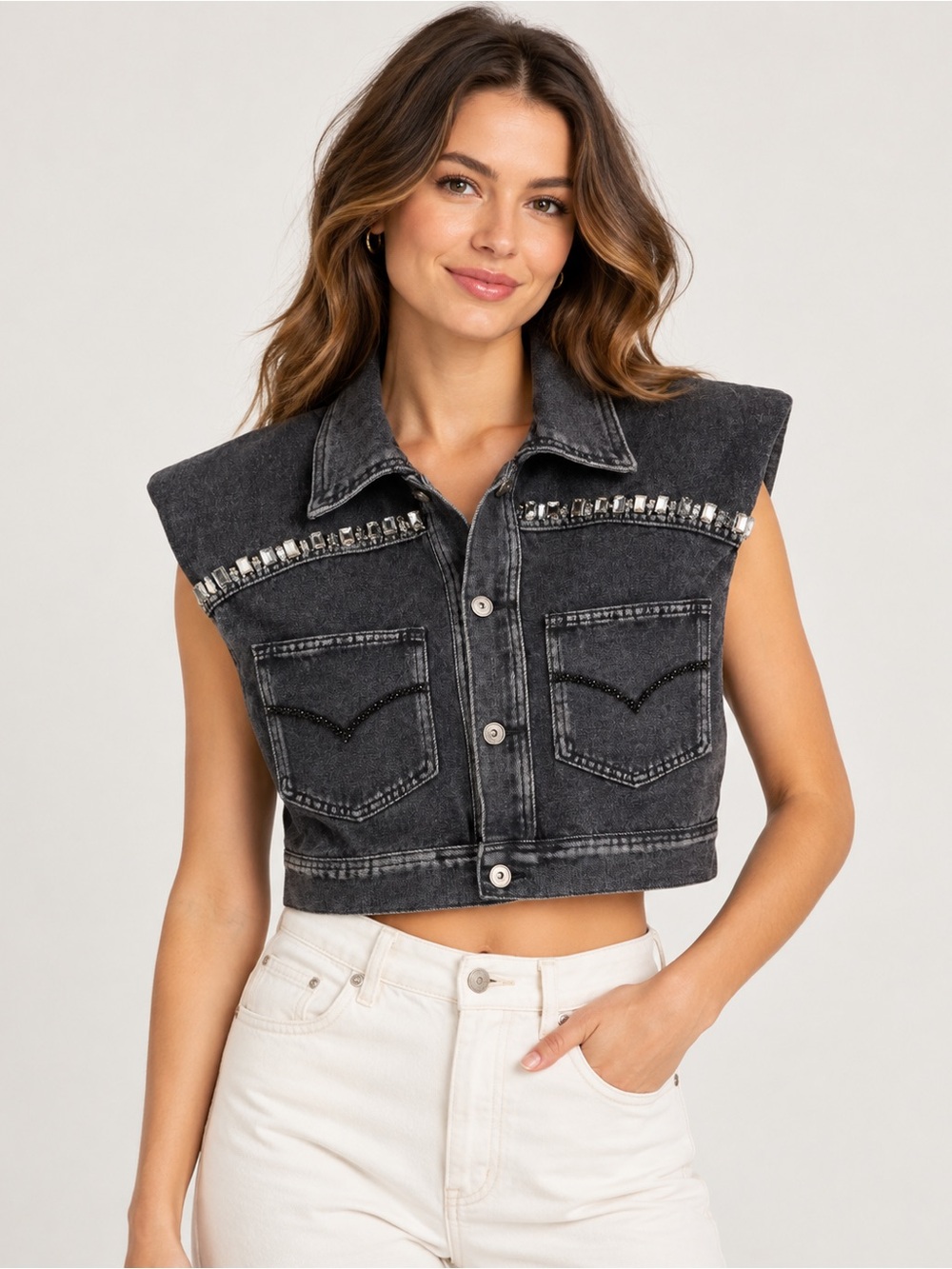 Unbranded Cropped Embellished Denim Vest - Charcoal Grey Size S Y2K Western